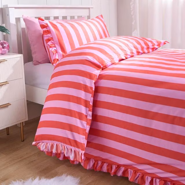 OHS Striped Frill Duvet Cover Set in Pink and Red, 140 x 200 cm