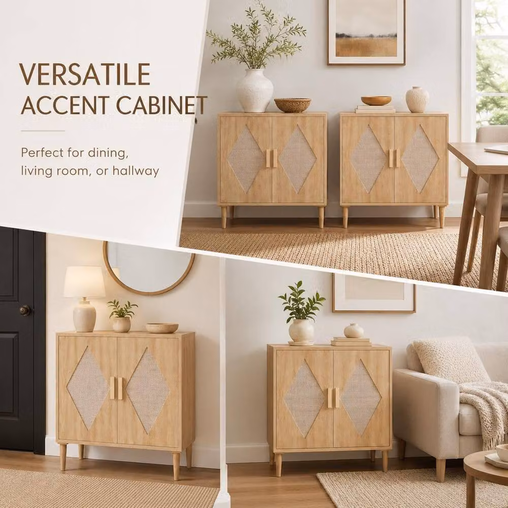 London Boutique Set of 2 Modern Rattan Sideboard Cabinets with Woven Cane Doors in Sand – 3