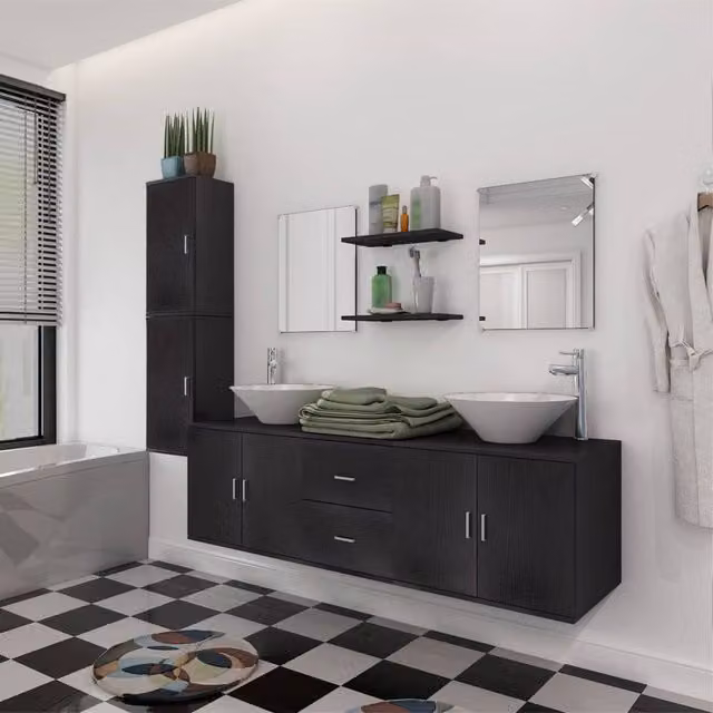 Berkfield Home Nine Piece Modern Matt Black Bathroom Furniture and Ceramic Basin Set – 1
