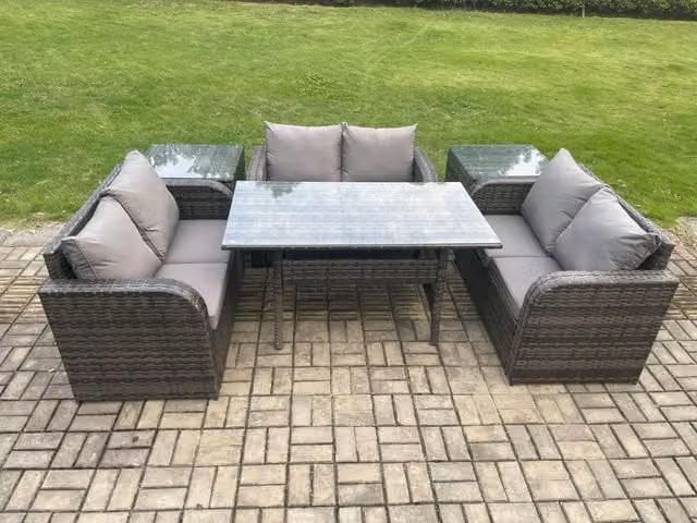 Fimous 6 Seater Outdoor Rattan Garden Furniture Set in Dark Grey with Rectangular Dining Table and 2 Side Tables