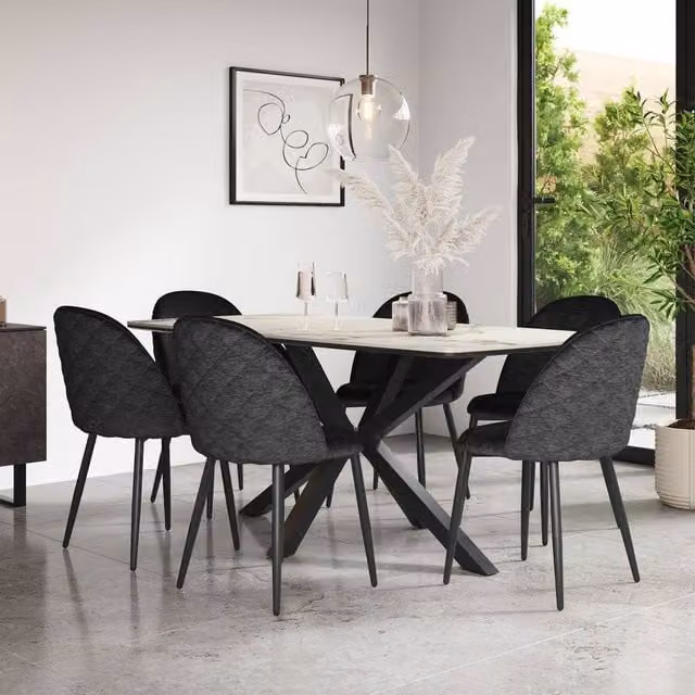 More4Homes Juno Calcutta Gold Ceramic Dining Table and 6 Raye Black Velvet Chairs Set, W/D/H: 180 x 90 x 75 cm