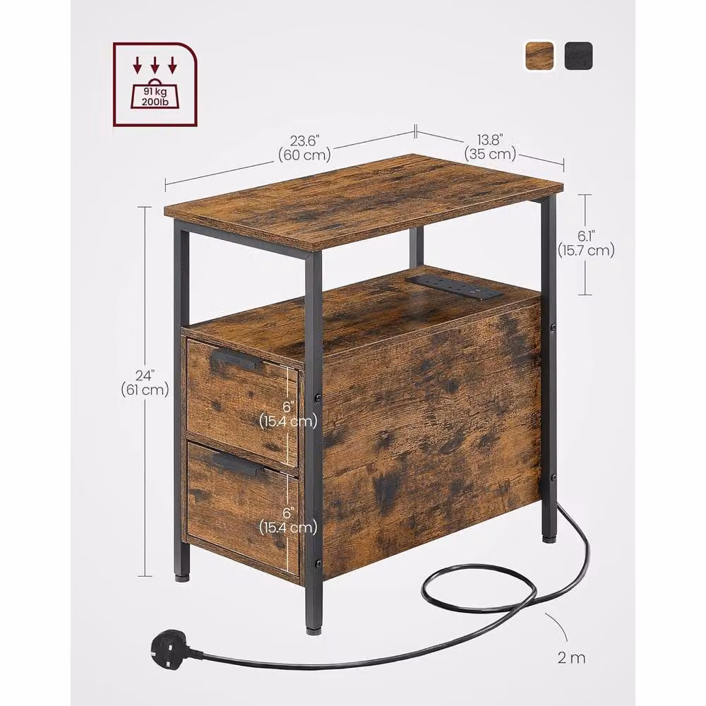 The Bazaarist Rustic Wood Narrow Bedside Table with Media Compartments in Brown and Black – 3