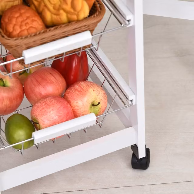 HOMCOM Drop-Leaf Kitchen Trolley with 3 Baskets in Oak and White
