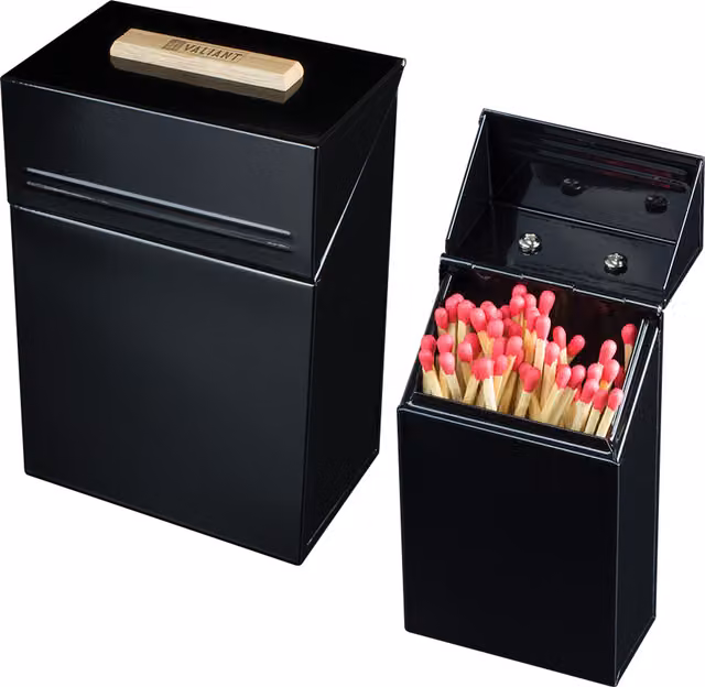 Valiant Black Metal Firelighter Holder and Match Tidy Bundle with Lid