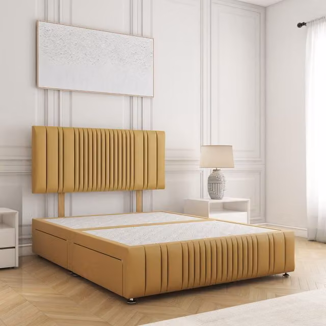 BSSPOKE Rosie Plush Velvet Small Double Divan Bed Set with 24 inch Headboard and 4 Drawers in Mustard Yellow, W/D/H: 120 x 200 x 122 cm