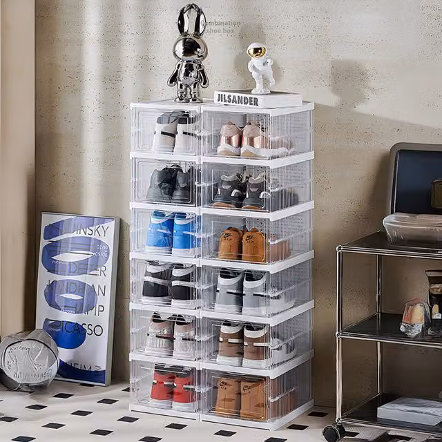 Komore 6 Tier Foldable and Stackable Transparent Shoe Storage Box, W/D/H: 25.5 x 25.5 x 25.5 cm