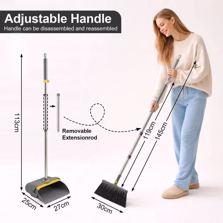 EONLION Broom and Dustpan Set with Telescopic Long Handle in Grey