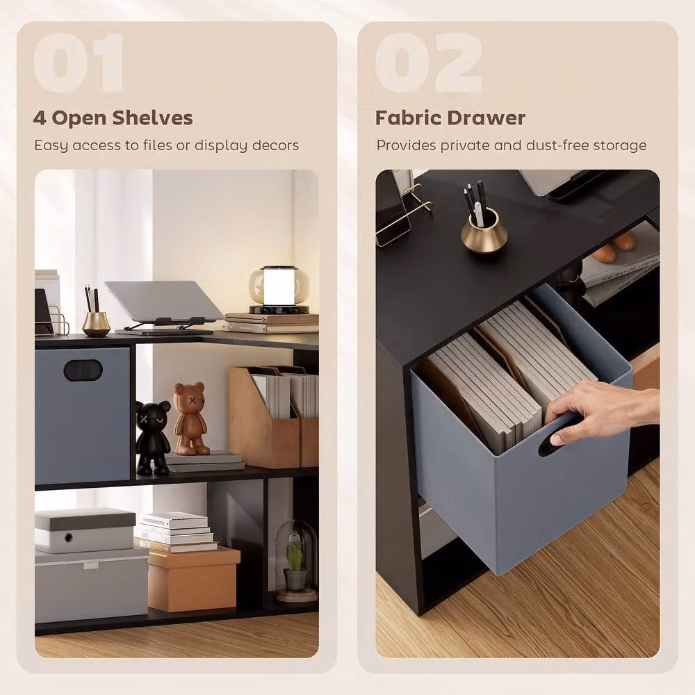 HOMCOM Modern L-Shaped Corner Desk with Fabric Drawer in Black – 5