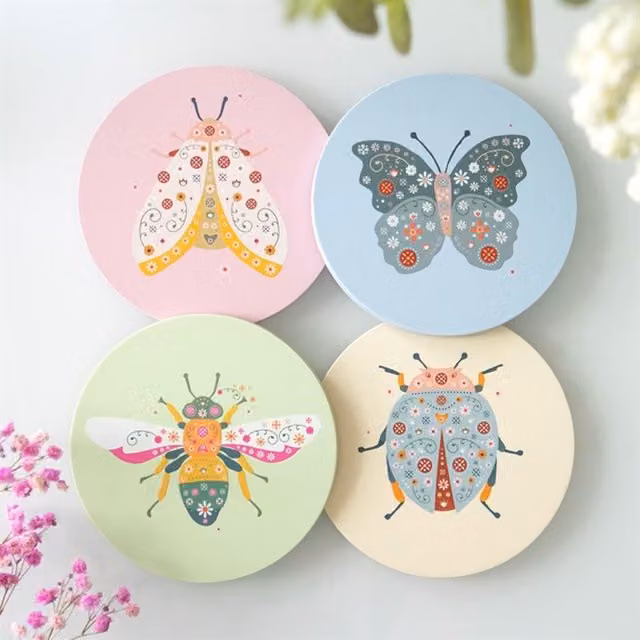 Floral Bug KDMK Round Multicolour and Yellow Floral Bug Drink Coasters