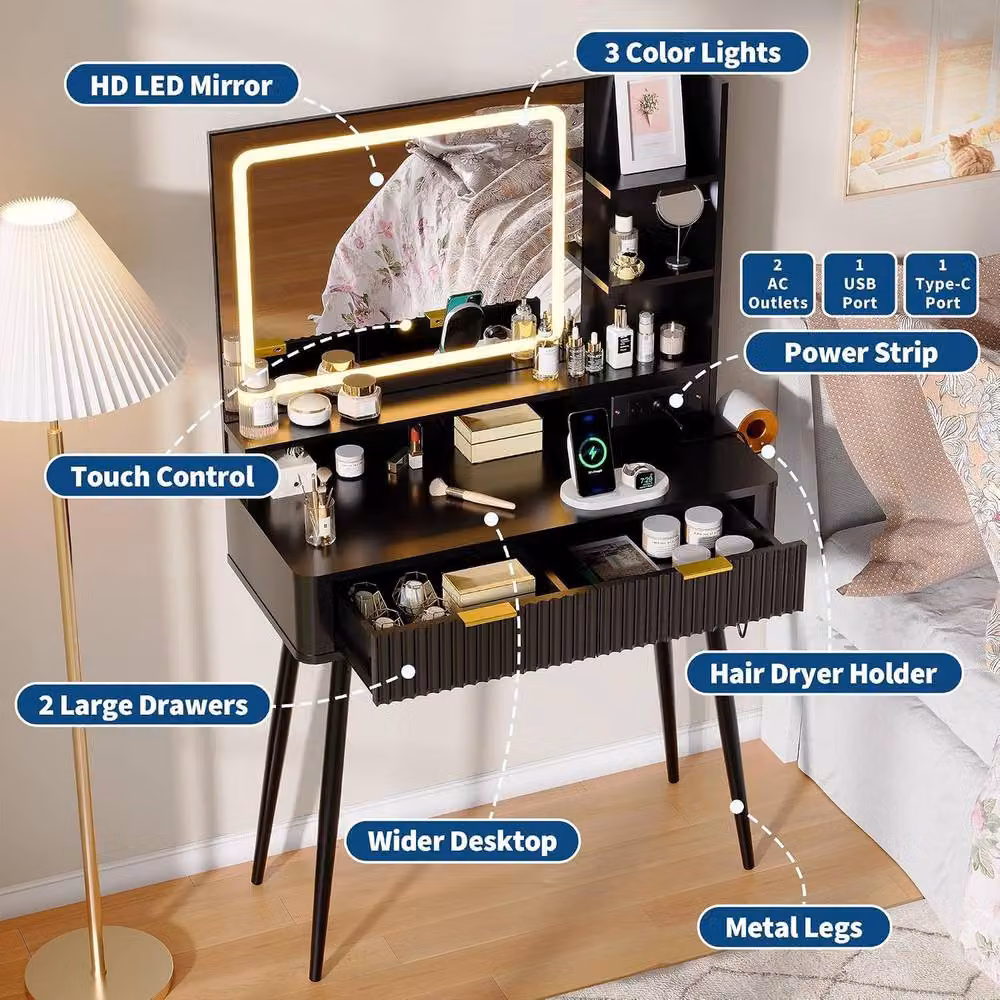 London Boutique Modern Makeup Vanity Desk with LED Mirror and Power Outlet in Black and Gold – 5