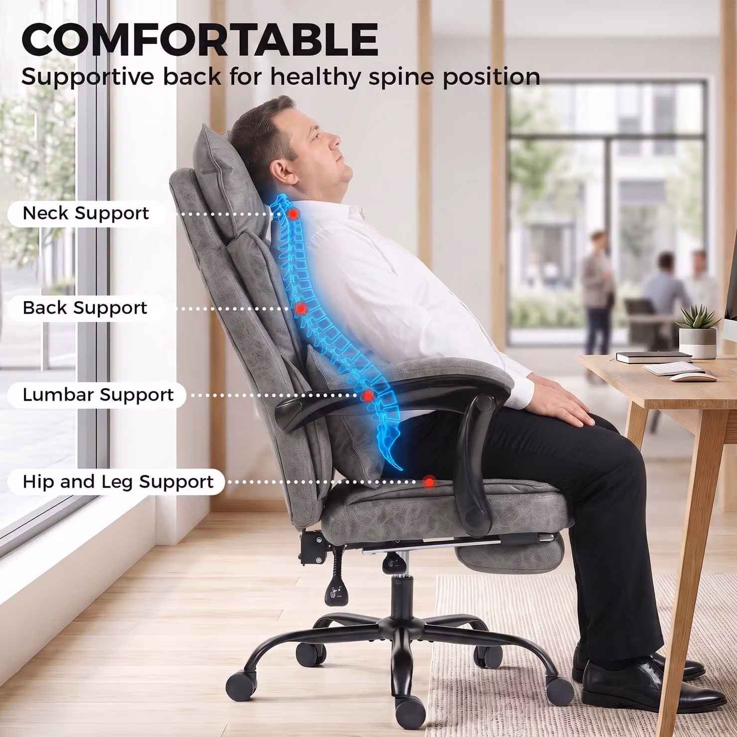 HOMCOM Executive Big and Tall Office Chair in Grey with Headrest, Lumbar Support and Armrests – 8