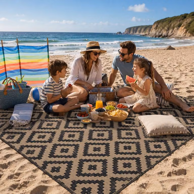 Simpa Geometric Outdoor Waterproof Reversible UV Resistant Rug in Black, W: 120 cm, D: 180 cm