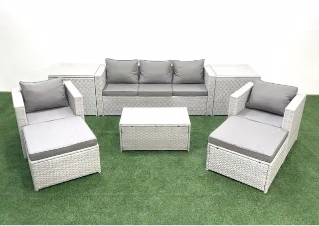 Fimous 7-Seater Rattan Garden Set with 3-Seater Sofa, 2 Armchairs, 2 Footstools and 2 Side Tables in Light Grey with Dark Grey Fabric