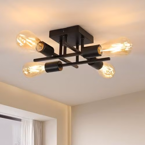 Goeco Sputnik Chandelier, Black Metal Industrial Ceiling Light with 4 x E27 Lampholders and Square Base – 1