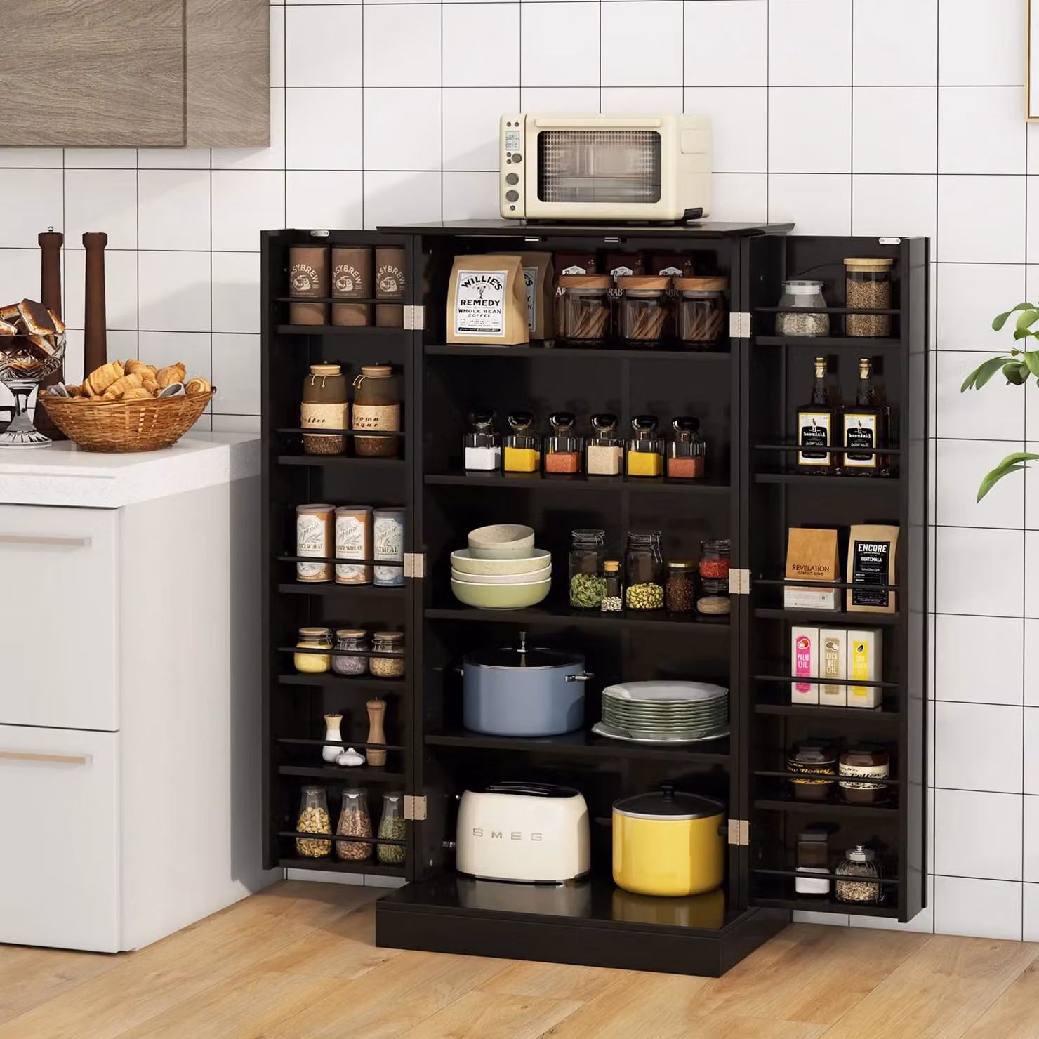 Gymax Black Minimalist Kitchen Pantry Cabinet with Adjustable Internal Shelves and 2 Hinged Doors – 4
