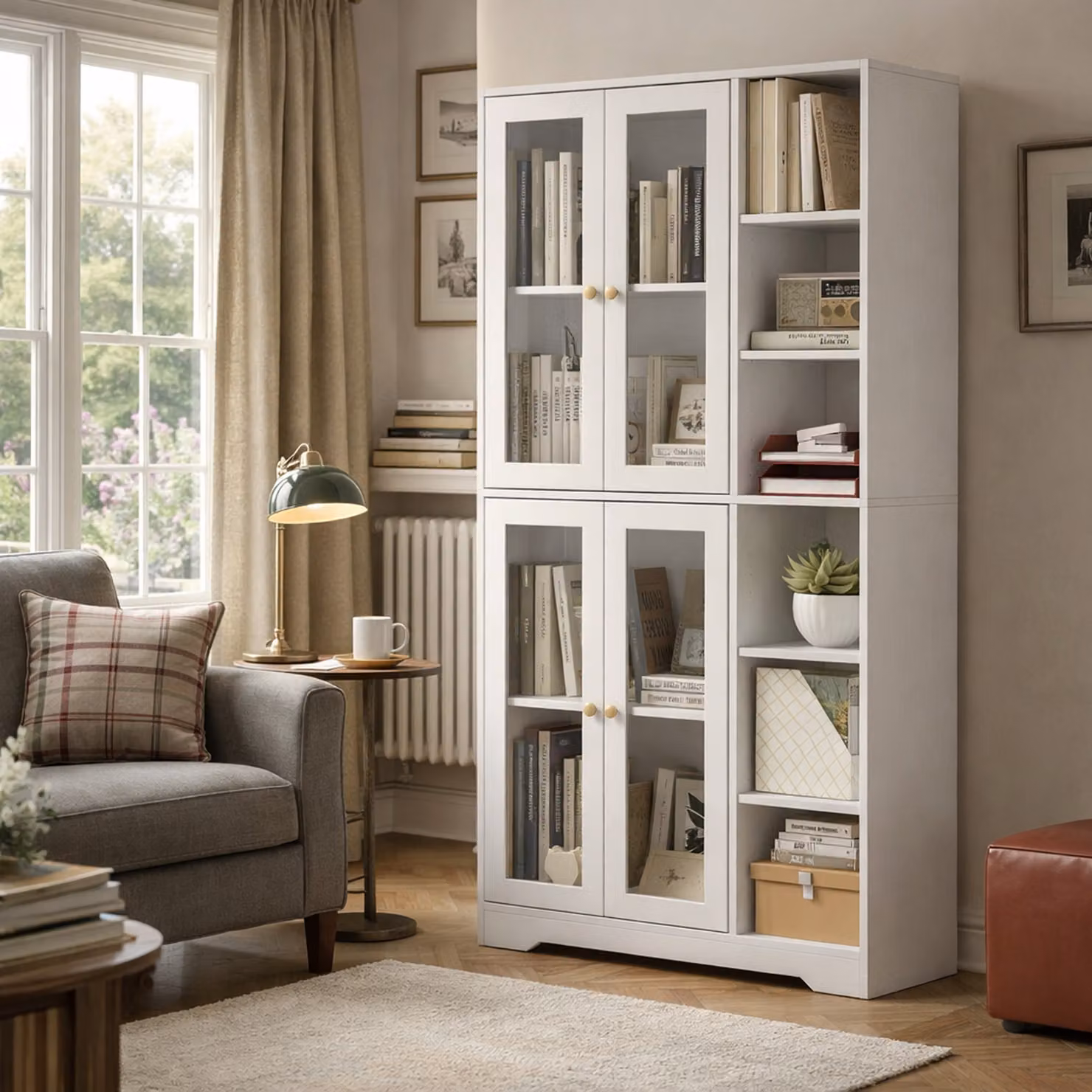 HOMCOM White Wood Effect Kitchen Base Unit with Glass Doors and Adjustable Internal Shelves – 2