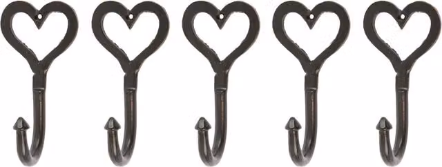 Hammer and Tongs Single Heart Hook, Matt Black Powder-Coated Iron, W: 6.5 cm, H: 13 cm, Pack of 5 – 2