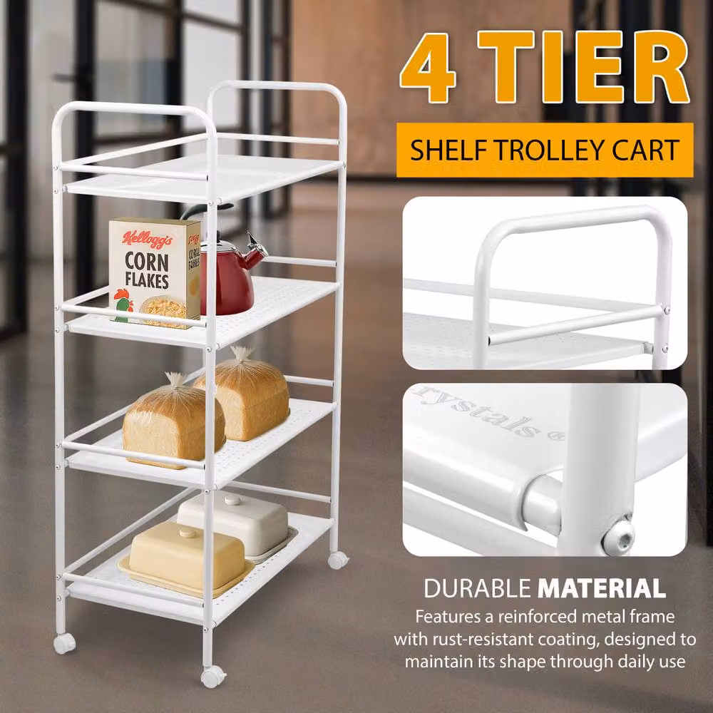 Crystals 4 Tier Rolling Trolley Kitchen Storage Cart on Wheels in White – 4