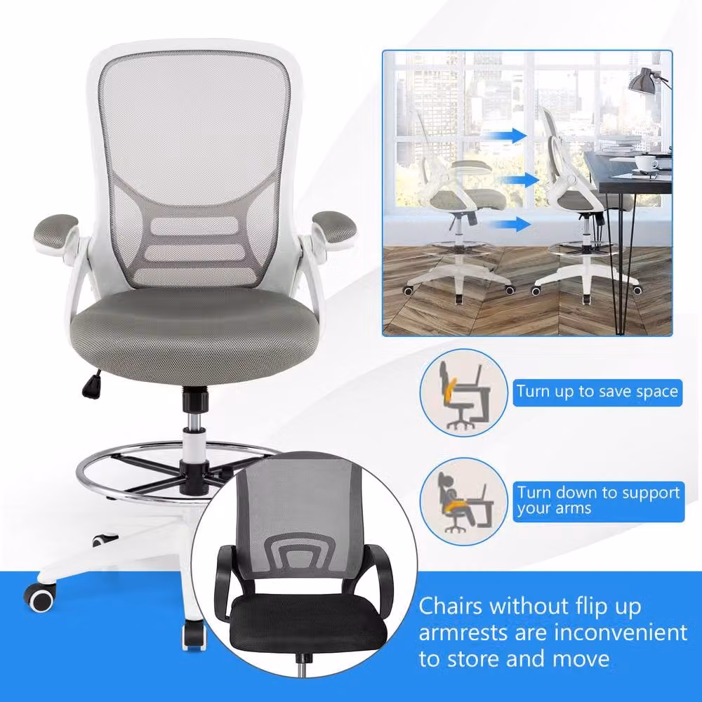 Costway Ergonomic Mesh Drafting Chair in White with Swivel and Foot Ring – 6