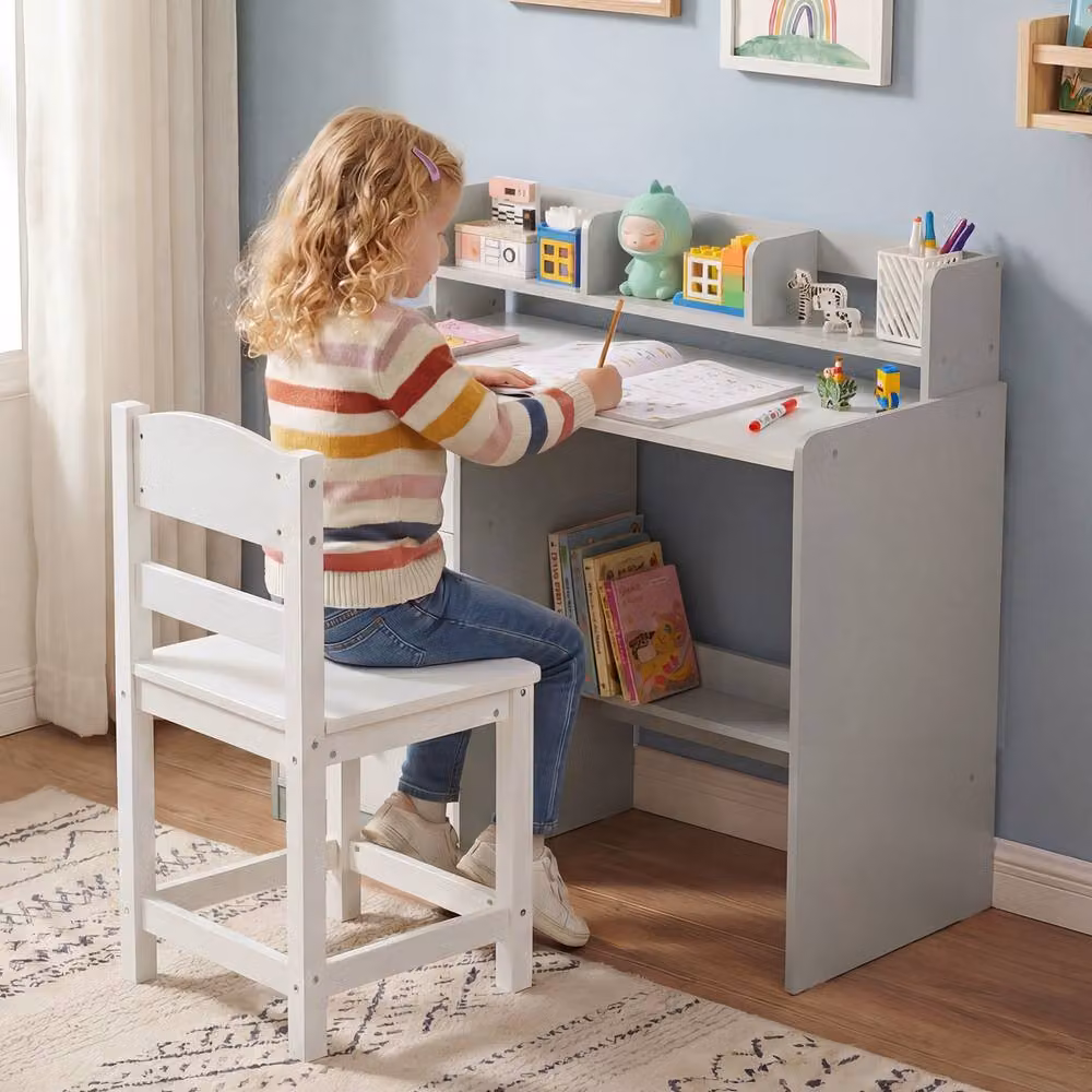 Costway Kids Study Desk and Chair Set with Wooden Hutch and Storage Shelf in Multicolour – 4