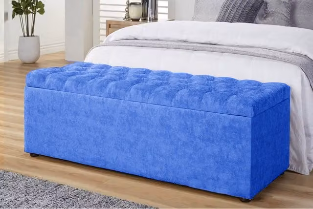 R&M Furnishers Chesterfield Naples Upholstered Ottoman Storage Box in Blue Velvet