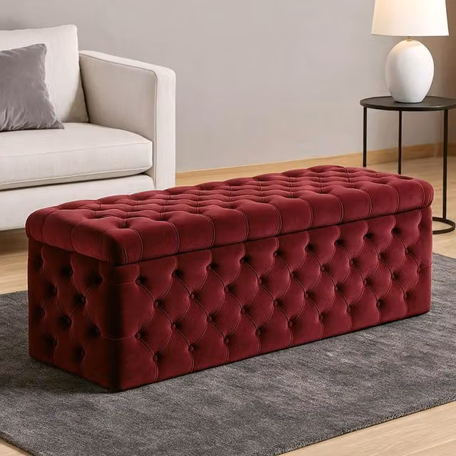 R&M Furnishers Wide Lux Chesterfield Ottoman Storage Box in Red Velvet