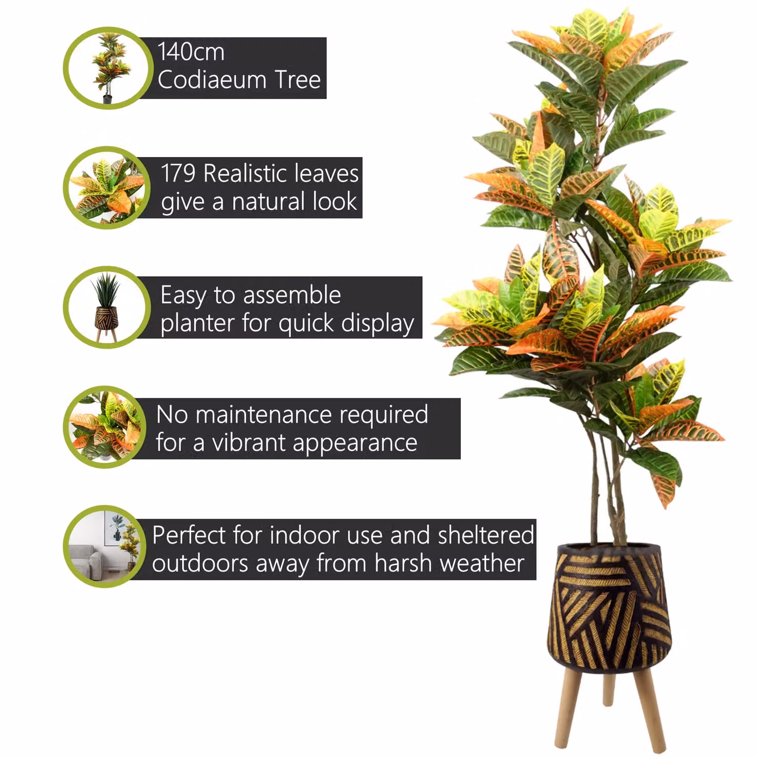 Pegdev 140cm Artificial Codiaeum Tree in a Rustic Orange Fibreglass Planter – 2