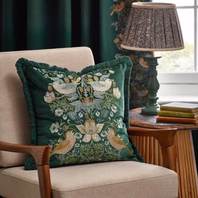 Morris & Co. Strawberry Thief Embroidered Velvet Filled Cushion, Green, W x D: 50 x 50 cm