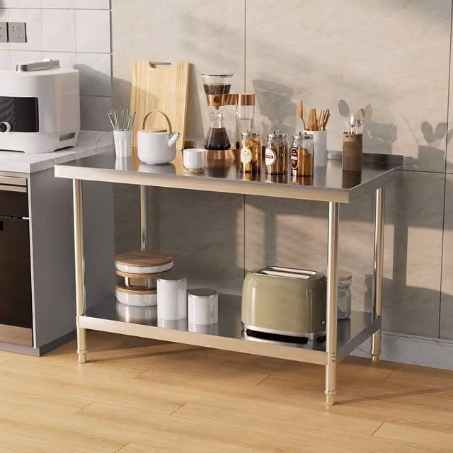 Livingandhome Two-Tier Stainless Steel Workbench with Backsplash, Silver, Width: 120 cm