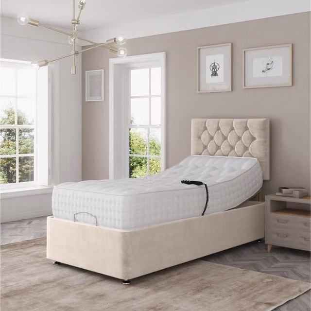 Zaye Living Upholstered Fabric Pocket Sprung Electric Adjustable Bed Set in Beige, W/D/H: 90 x 190 cm