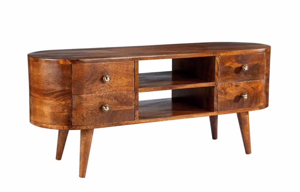 Elm Home And Garden Mid Century Mango Wood TV Unit in Brown with 4 Drawers, H46 x W110 x D35 cm – 4