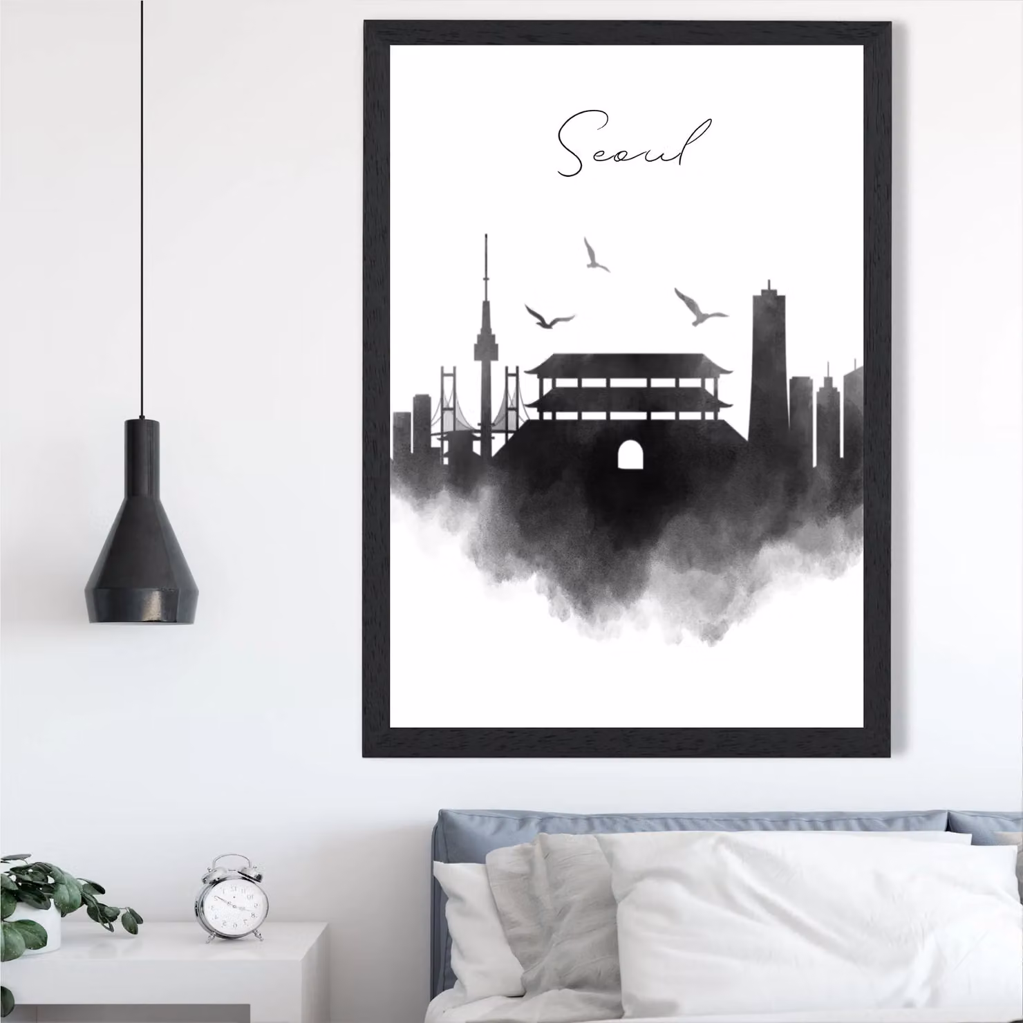 ARTZE Seoul Watercolour Skyline City Framed Print in Black – 2