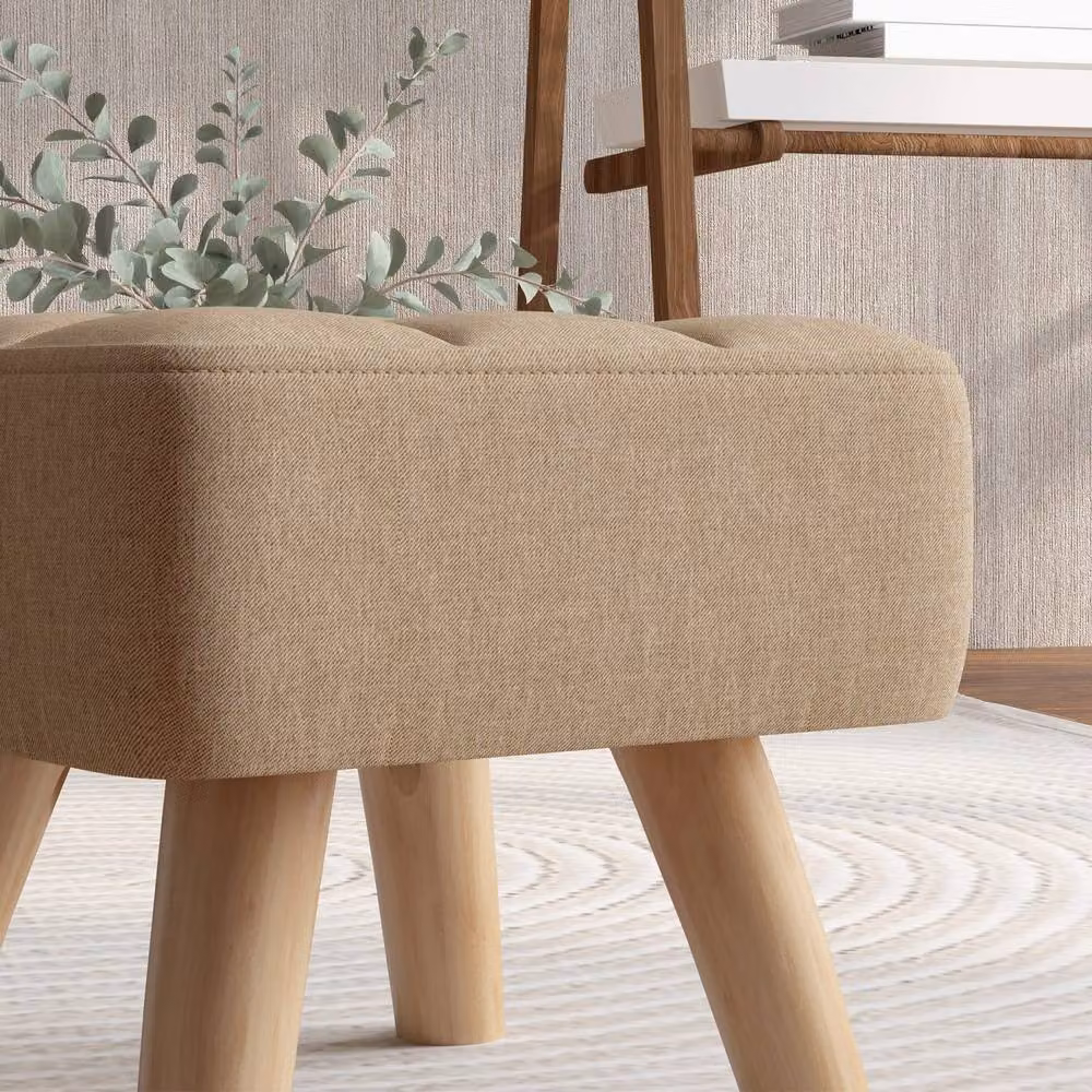 Wyld Haus Luluva Linen Look Square Padded Footstool in Light Brown with Diamond Tufting – 6