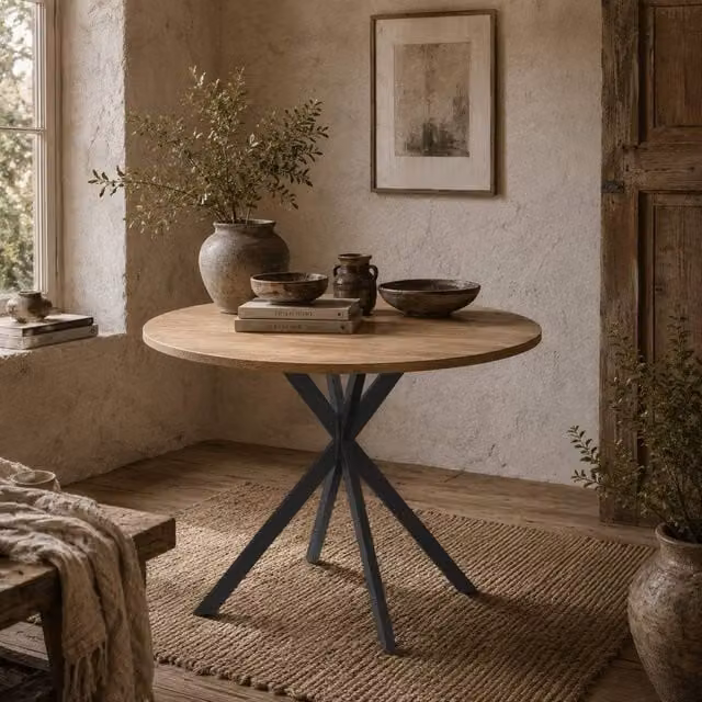 Wyld Haus Luhalari Round Industrial Dining Table, Diameter: 120 cm, Height: 75 cm, Natural Oak Effect