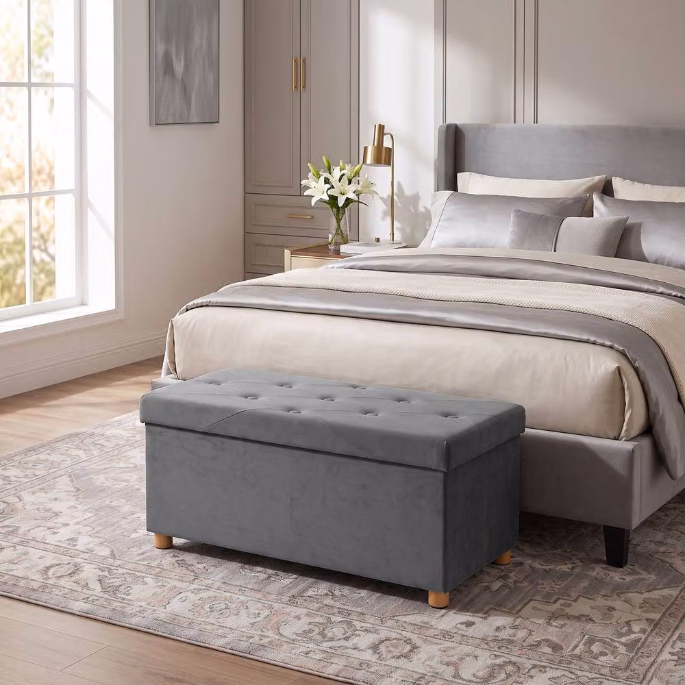 HOMCOM Grey Velvet Upholstered Foldable Storage Ottoman with Rubberwood Legs, W: 120 cm, D: 34 cm, H: 38 cm – 2