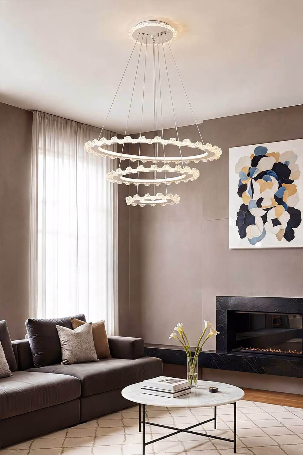 Living and Home Modern LED Crystal Ring Pendant Light Chandelier in Silver – 3