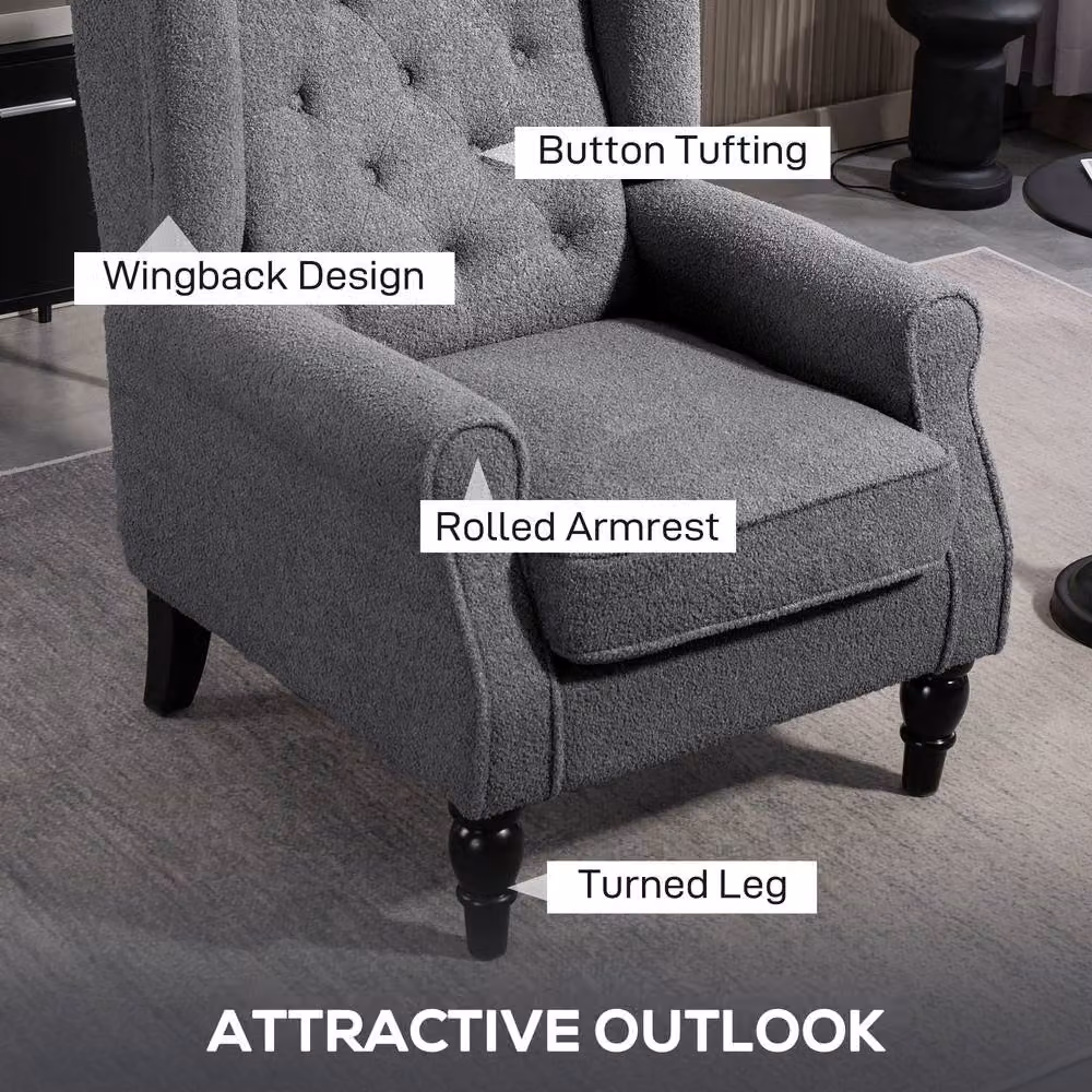STILVORA Grey Bouclé Wingback Chair with Solid Wood Frame – 3