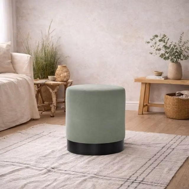 Wyld Haus Kalua Small Sage Green Velvet Stool with Matt Black Metal Base, W/D/H: 41.5 x 41.5 x 44 cm – 1