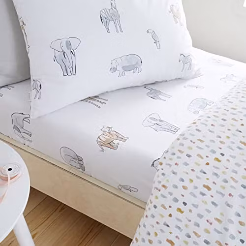 Bianca Zoo Animals Cotton Junior Fitted Sheet, White, W/D/H: 70 x 140 cm