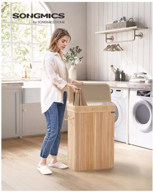 SONGMICS Bamboo Laundry Hamper with Lid and Removable Bag, 72 L, Yellow/Beige, W/D/H: 31.5 x 42.5 x 61.0 cm