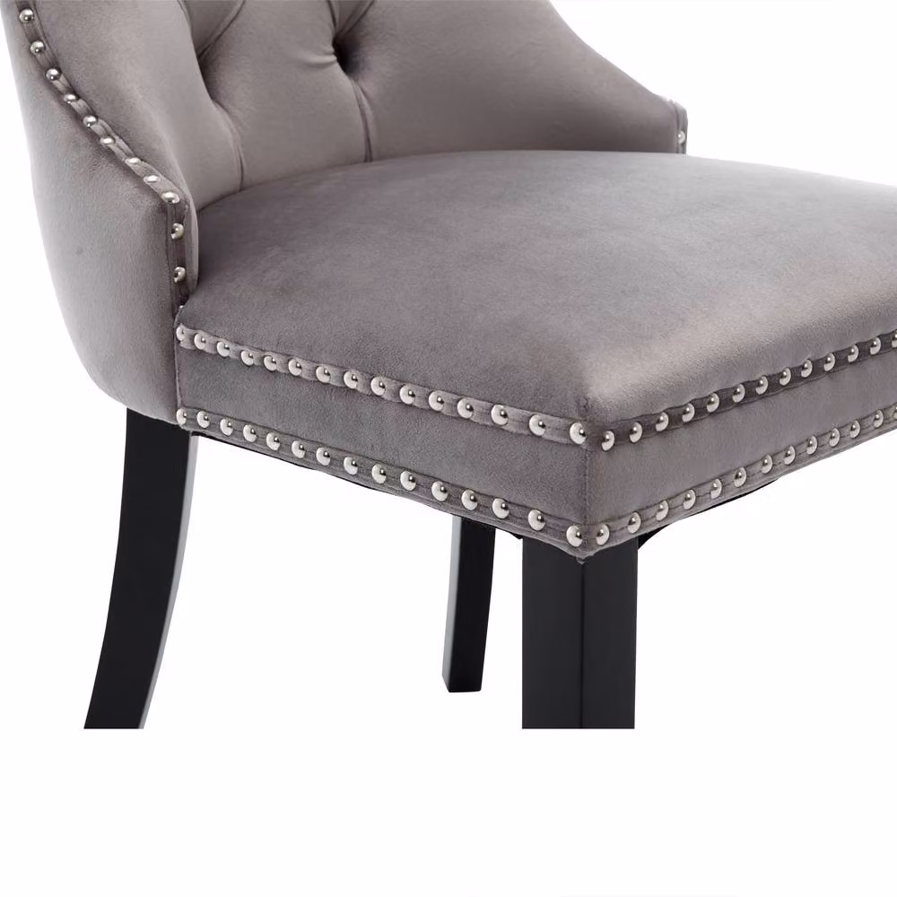 BTM Modern Set of 2 Grey Velvet Dining Chairs with Rubberwood Legs – 4