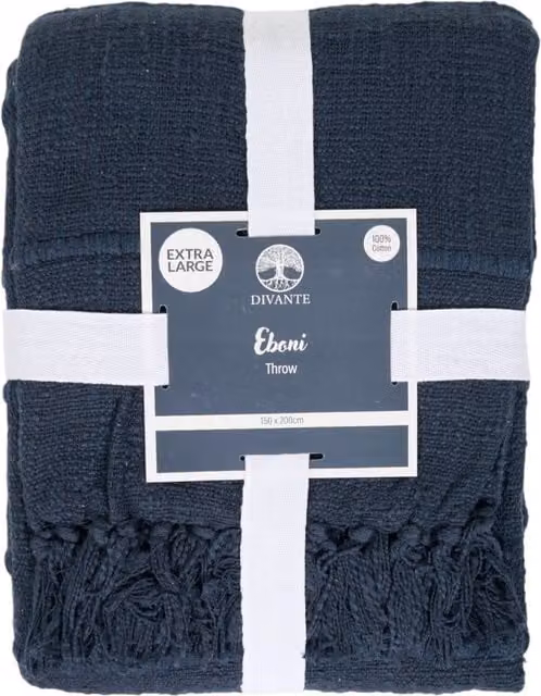 Divante Blue Cotton Throw with Fringes, W/D: 150 x 150 cm