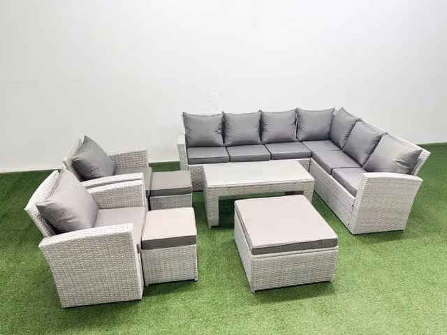 Fimous 8 Piece Rattan Garden Furniture Set in Grey with Upholstered Cushions and Powder Coated Steel Frame