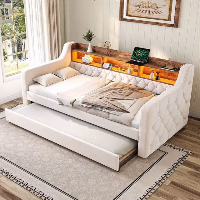 Direct Wicker Beige Velvet Single Storage Sofa Bed with LED Ambiance and USB-C Port, W/D/H: 190 x 90 x 107 cm