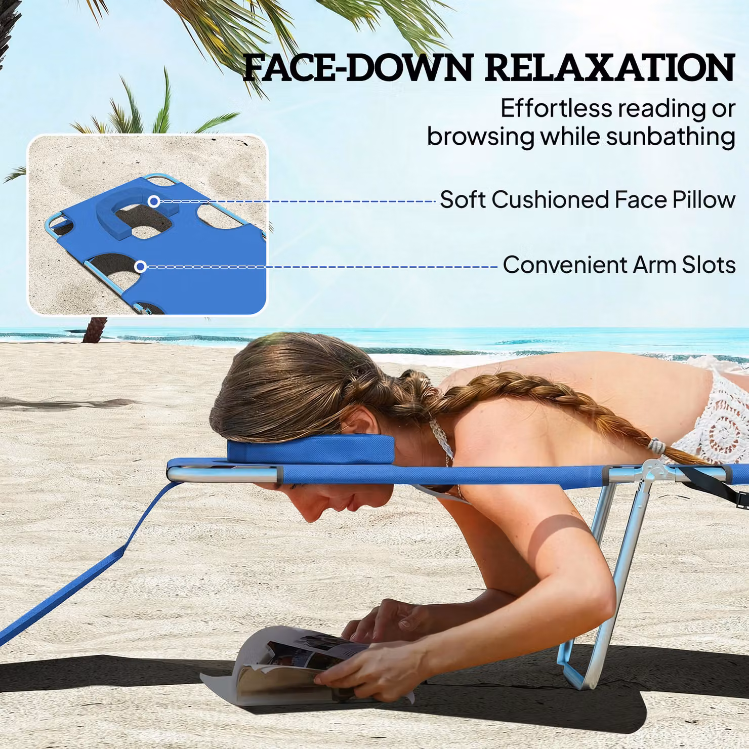 Outsunny Set of 2 Adjustable 5-Position Sun Loungers in Blue with Reading Hole and Side Pocket – 5