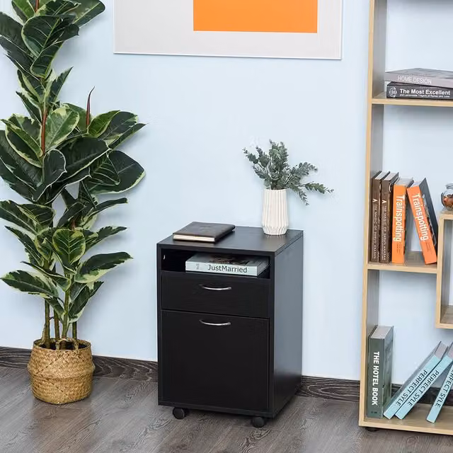 HOMCOM Modern Black Storage Cabinet with Drawer and Open Shelf, W/D/H: 60 x 60 x 60 cm – 1