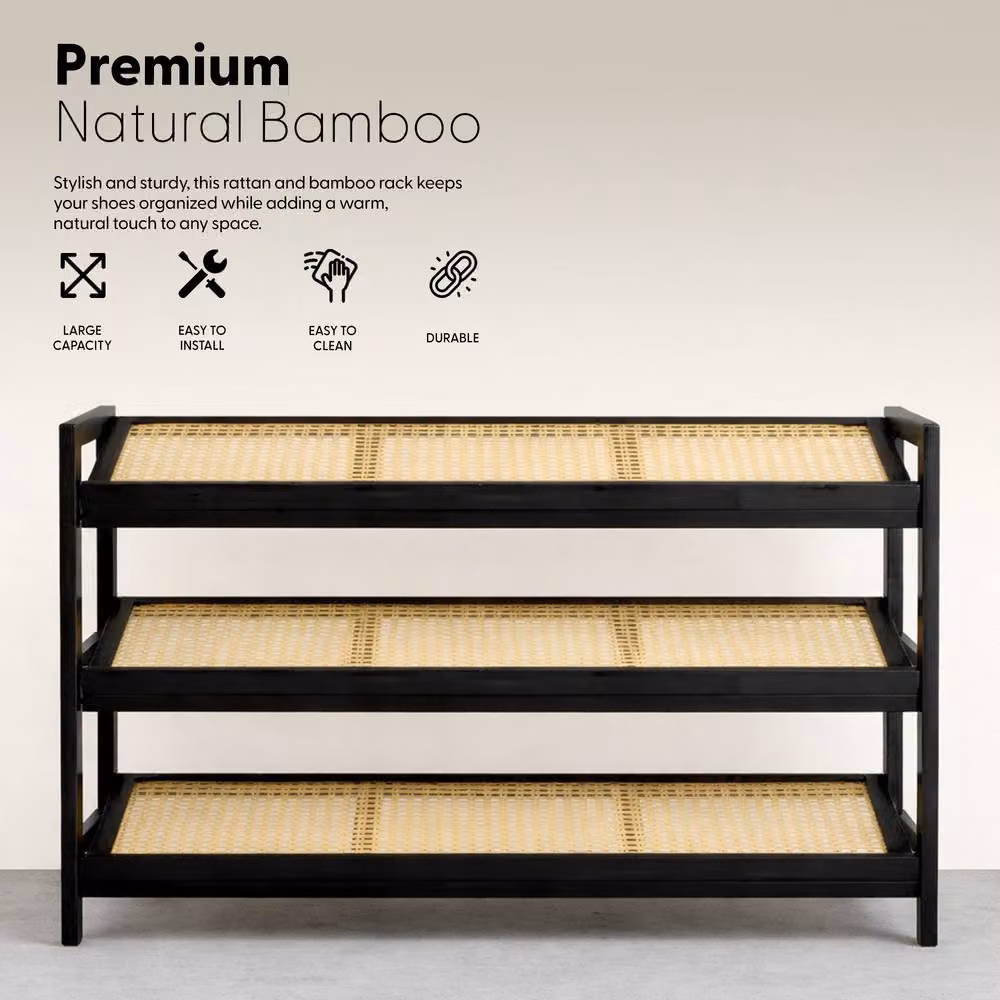Keplin 3-Tier Bamboo and Rattan Shoe Organiser Rack in Black, W: 54 cm, H: 70 cm, D: 29 cm – 5