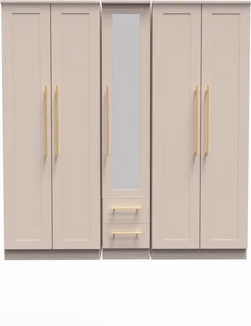 2 U Helmsley Ready Assembled Tall 5 Door 2 Drawer Mirror Wardrobe in Taupe