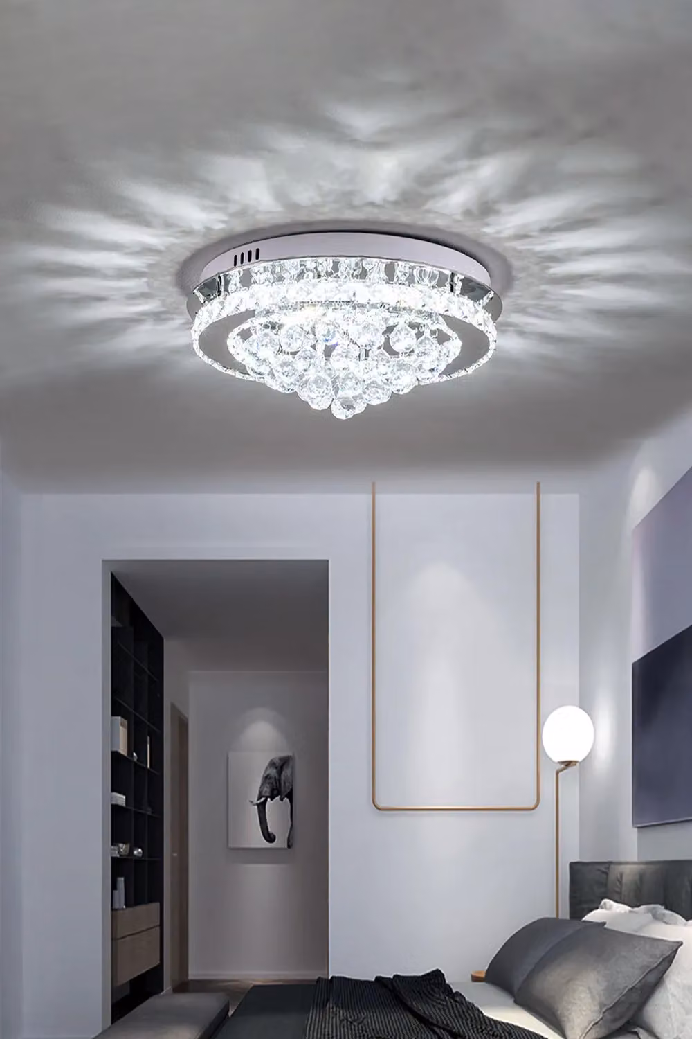Livingandhome Crystal Round LED Semi Flush Mount Ceiling Light in Silver – 2