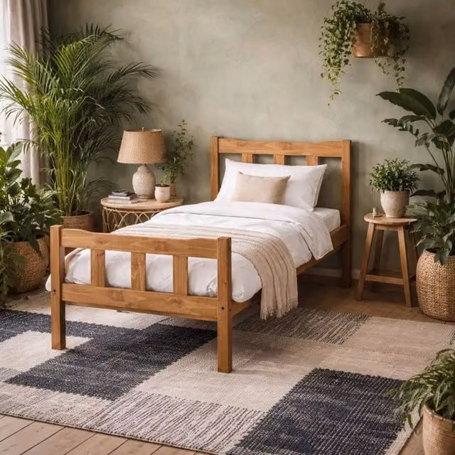 Wyld Haus Tralee Single Pine Bed in Brown with Slatted Headboard and Footboard, W/D/H: 90 x 190 cm